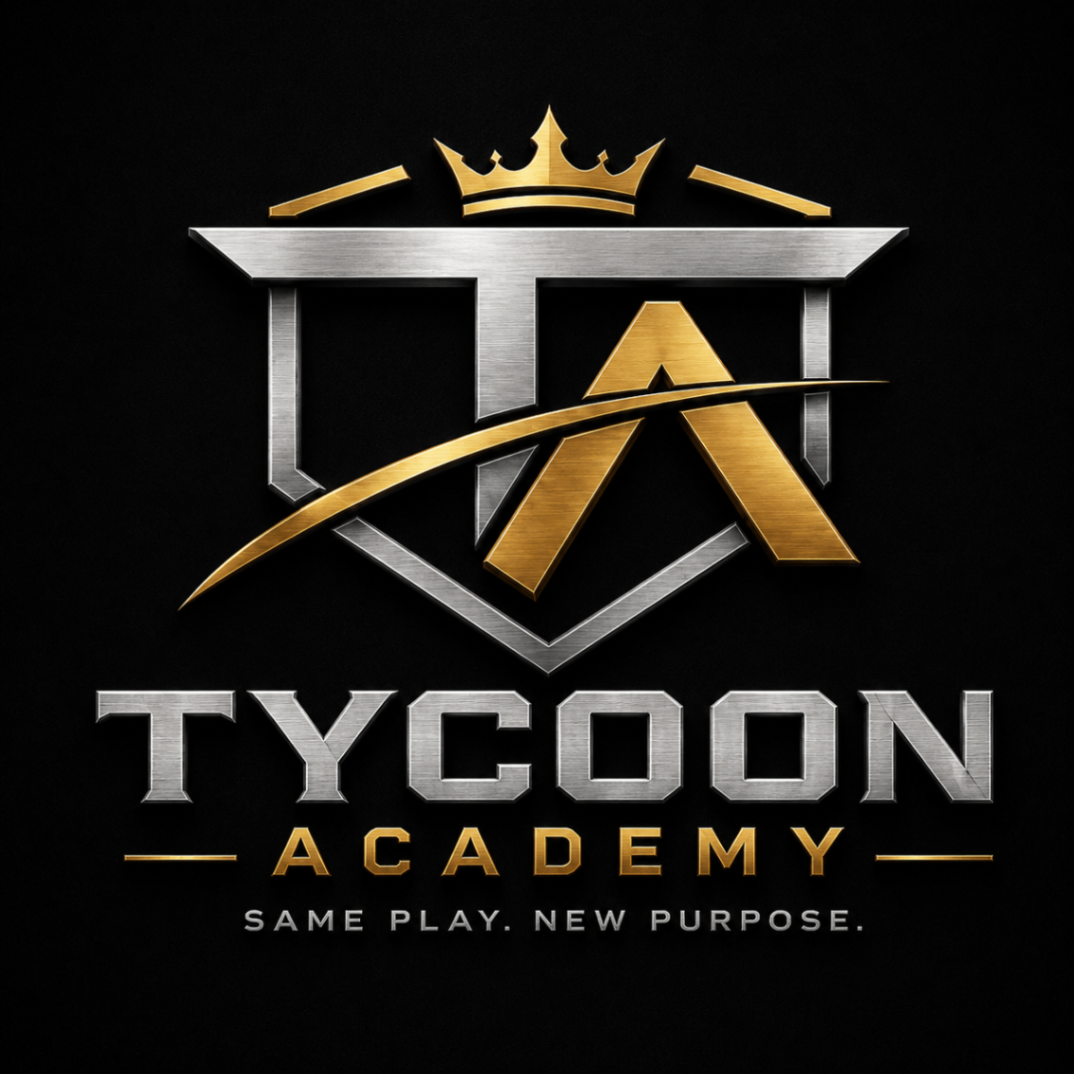Tycoon Academy crest and metallic wordmark