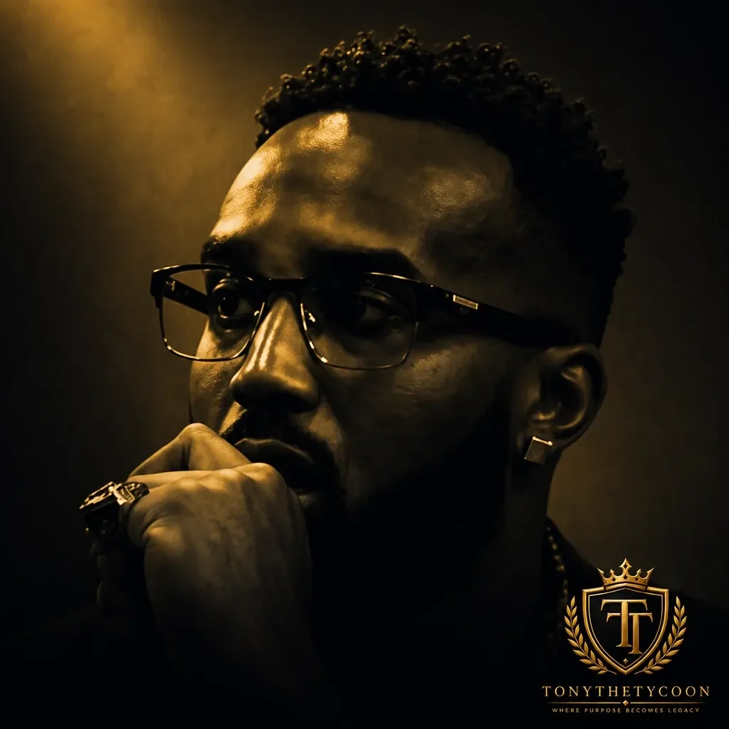 Tony Hills in a reflective, gold-lit portrait